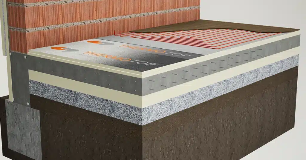 Schemă secțiune structurală pentru termoizolație pardoseală încălzită electric sau cuagent termic, prezentând integrarea plăcilor PIR Thermotop ca barieră radiantă și strat suport eficient.