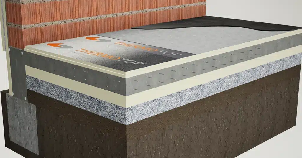 Diagramă tehnică detaliată pentru sistem de termoizolare pardoseli reci Thermotop,ilustrând ordinea constructivă a straturilor de la terenul natural până la finisaj, evidențiind plasarea plăcilor PIR ca izolație termică.